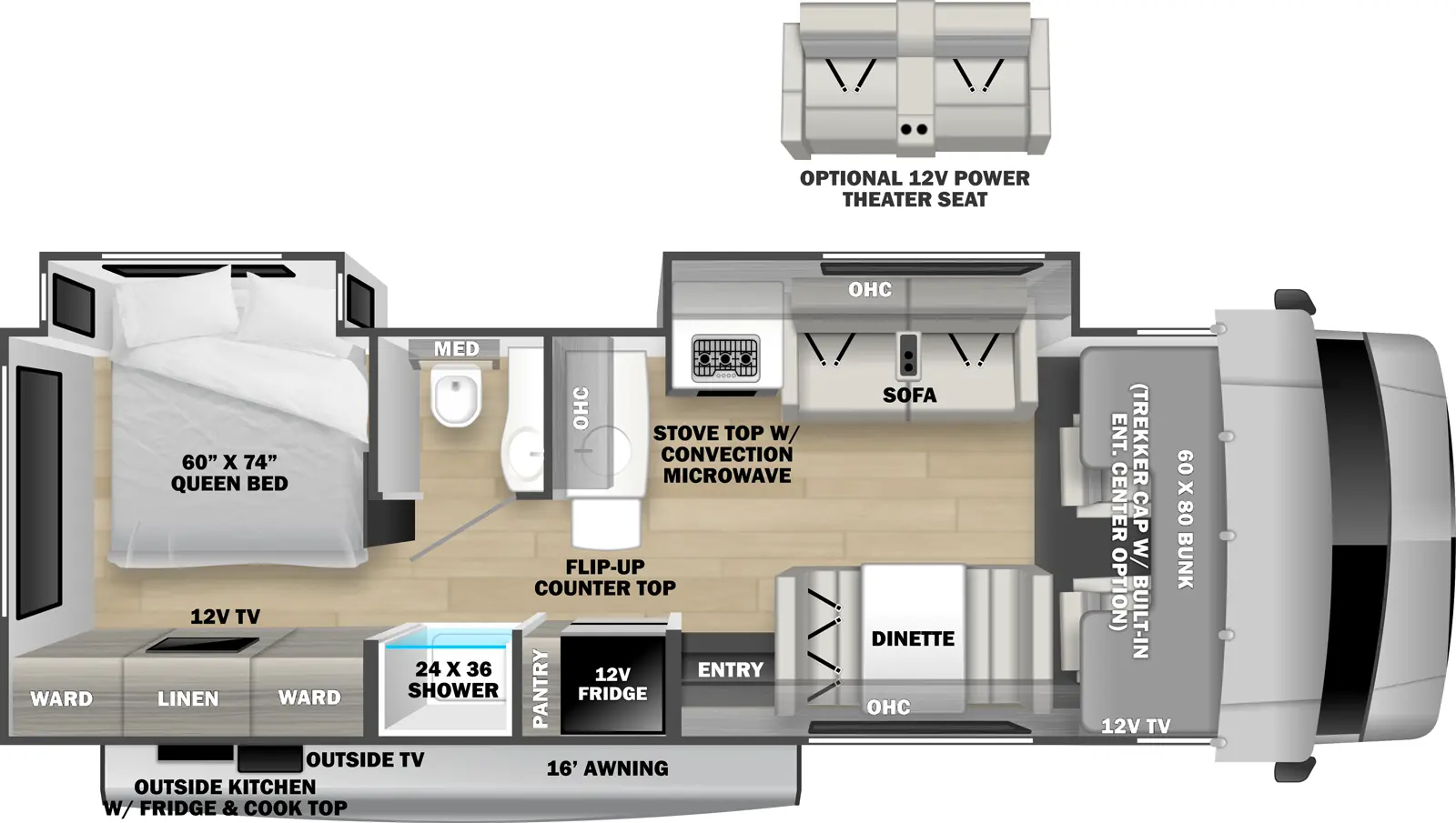 The 2861DS has 2 off-door side slide outs. Exterior features include and outside kitchen with refrigerator and cooktop, outside TV and 16 ft. awning. Interior layout from front to back includes a front 60 x 80 cab over bunk with 12V TV (optional Trekker cab with built-in entertainment center in place of bunk); off-door side slide out holding a stovetop with convection microwave, sofa and overhead cabinet (optional 12V power theater seat in place of sofa); door side dinette; front facing countertop with extension and kitchen sink; 12V refrigerator and pantry to the left of the entry door as you walk in; walk-through bathroom with off-door side toilet, medicine cabinet and vanity, door side 24 x36 shower; rear bedroom with 60 x 74 Queen bed in an off-door side slide out; wardrobes, linen storage and 12V TV across from foot of the bed.